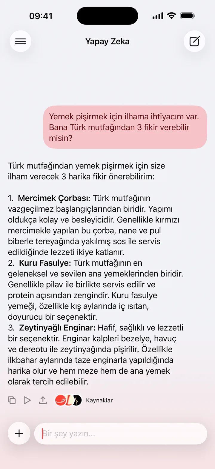 Yapay Zeka uygulamasında Türkçe sohbet ekranı